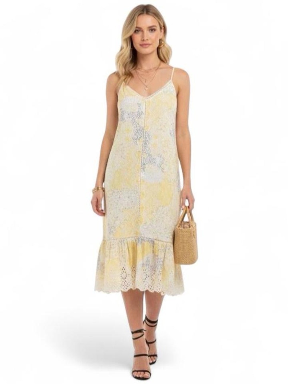 Rachel Zoe Pale Yellow Floral Slip Midi Dress with Eyelet Hem